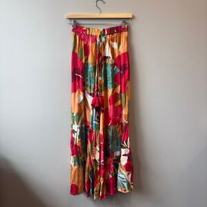 True Destinations Tropical Floral Tiered Wide Leg Palazzo Pants Pink Tassel M